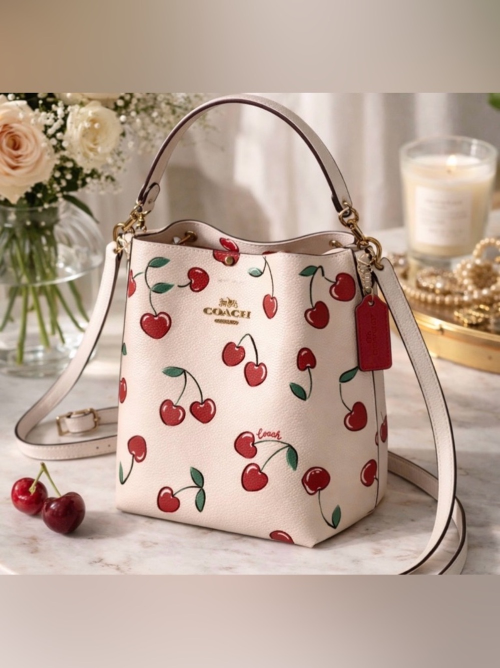 Coach White Cherry Print Leather Bucket Bag with Red Tag
